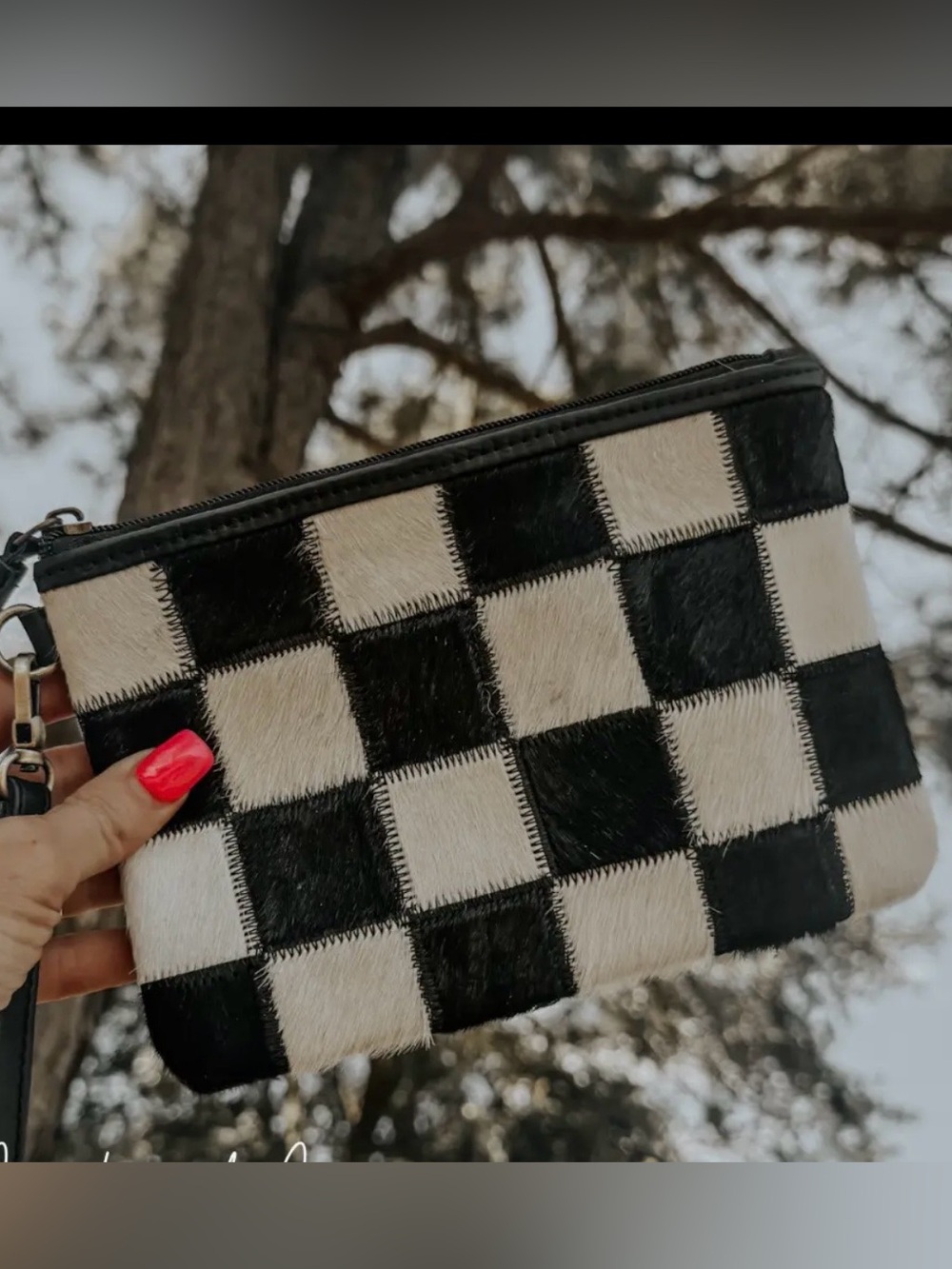 Black & White Checker Cowhide Zip Pouch - Women Bags